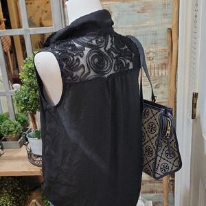 Lavish Women's Black Sleeveless Blouse with Rosette Lace Detail